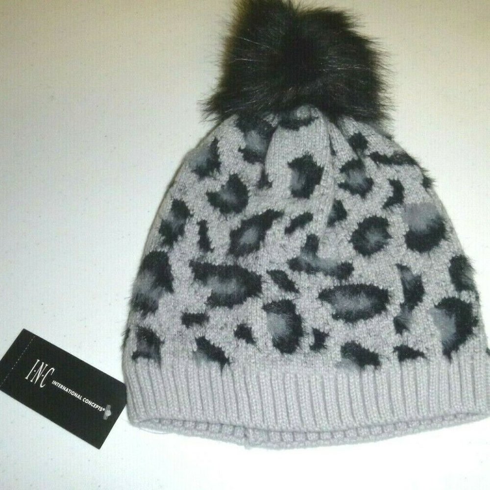 INC International Concepts designer gray leopard POM Nylon knit beanie SKI hat